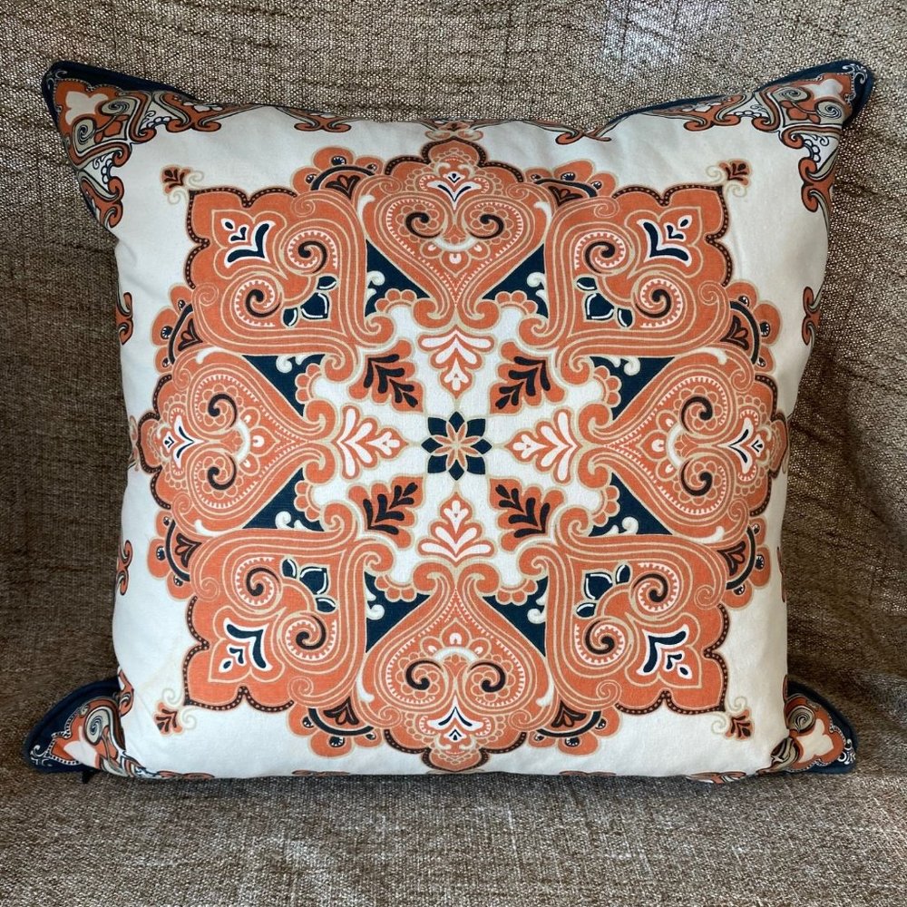 E vogue Boho Blue and Orange Medallion Down Filled Square Pillow 20” x 20”
